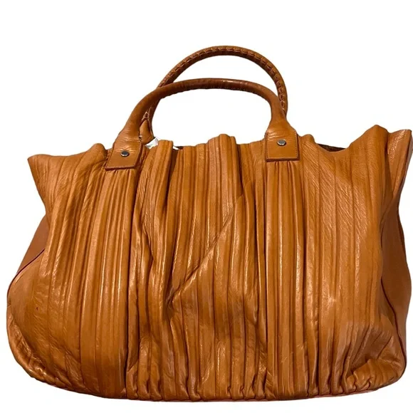 Vintage Giorgio Armani Tan Pleated Lamb Leather Shoulder Bag Satchel - Picture 2 of 15